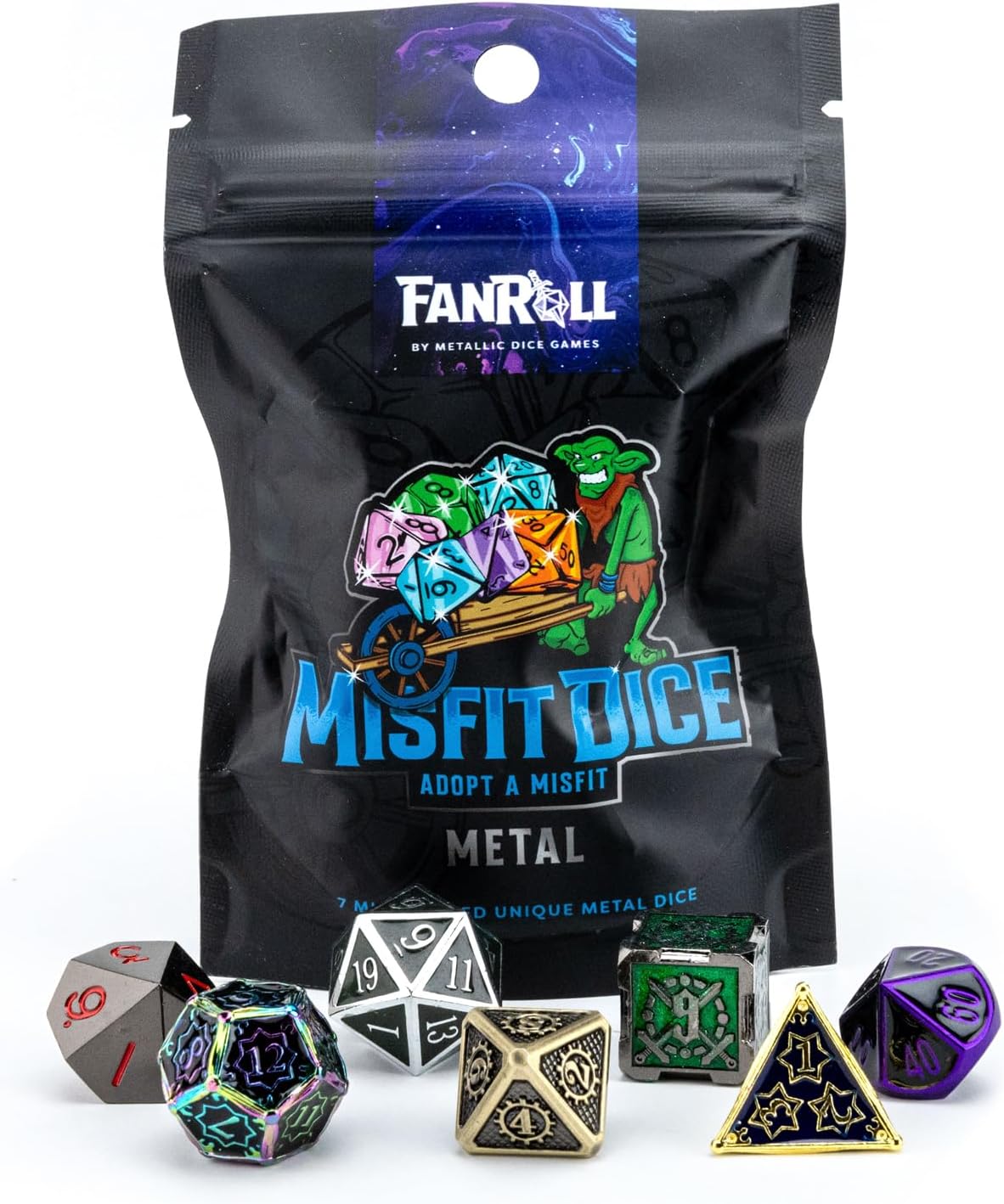 FanRoll Dice Set – 7 pc Metal Mystery Misfit Polyhedral Dice Set