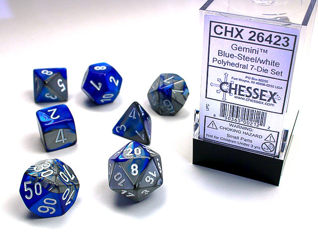 Chessex - CHX 26423 GEMINI 7-DIE SET BLUE-STEEL/WHITE