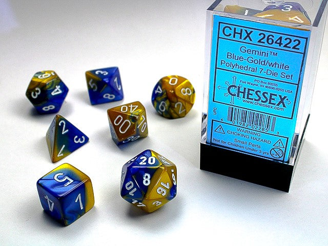 Chessex - CHX 26422 GEMINI 7-DIE SET BLUE-GOLD/WHITE